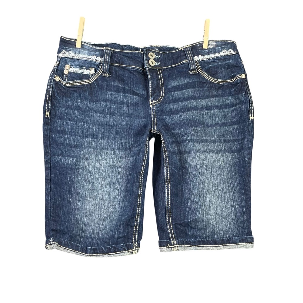 Ariya Jean Bermuda‎ Shorts Womens 11/12 Blue Denim Embroidered Stretch Dark Wash